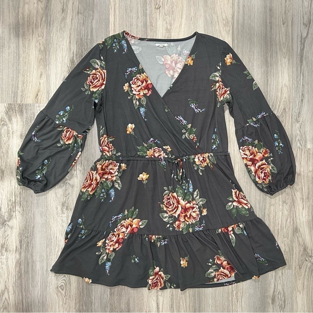 Maurices Gray Floral Cozy Tiered Long Puff Sleeve Mini Dress V Neck Size XL